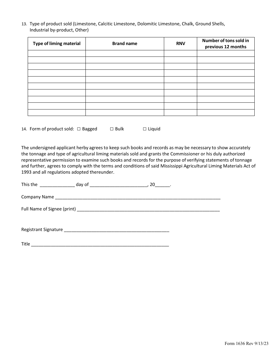 Form 1636 Agricultural Liming Material Permit Application - Mississippi, Page 2