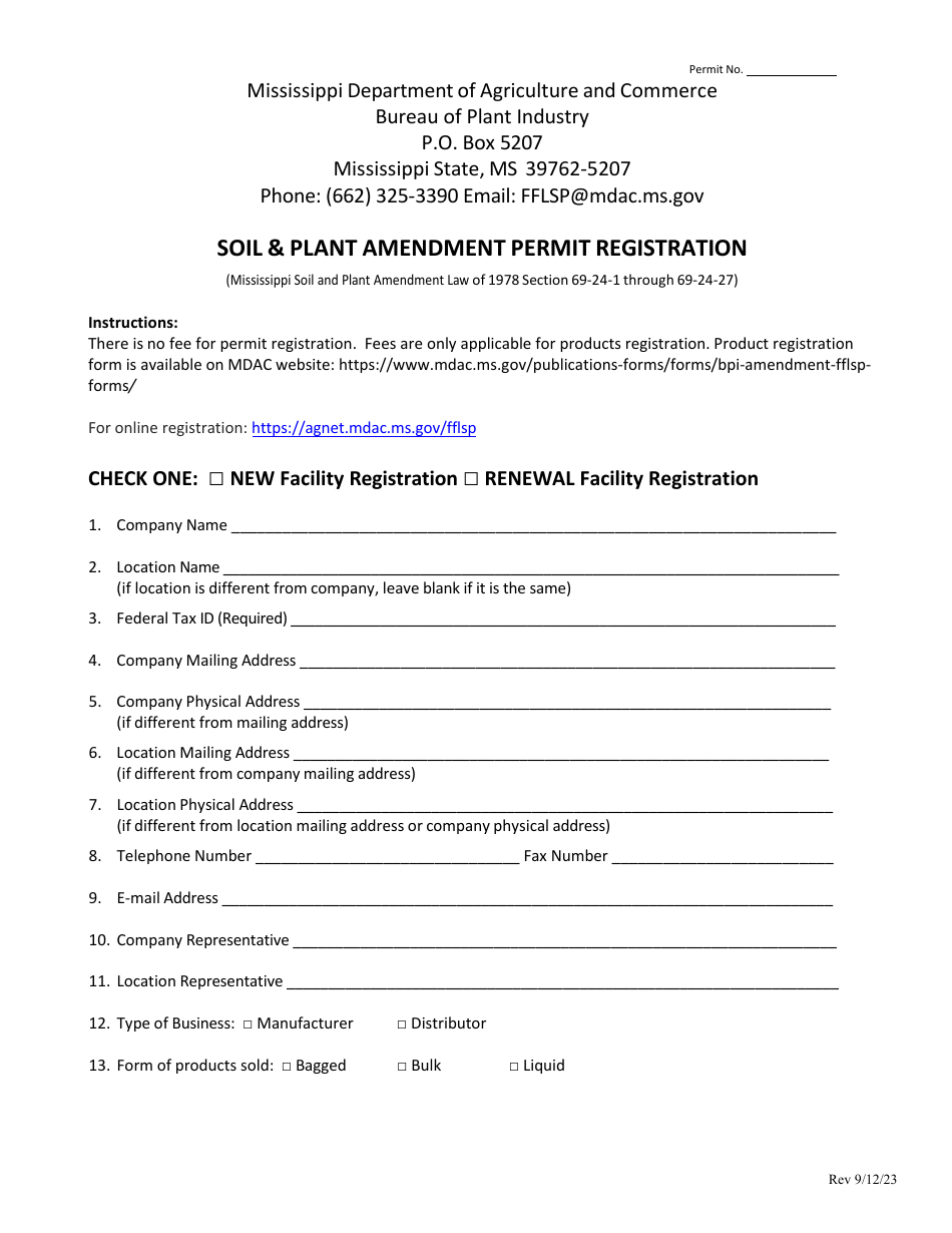 Soil  Plant Amendment Permit Registration - Mississippi, Page 1