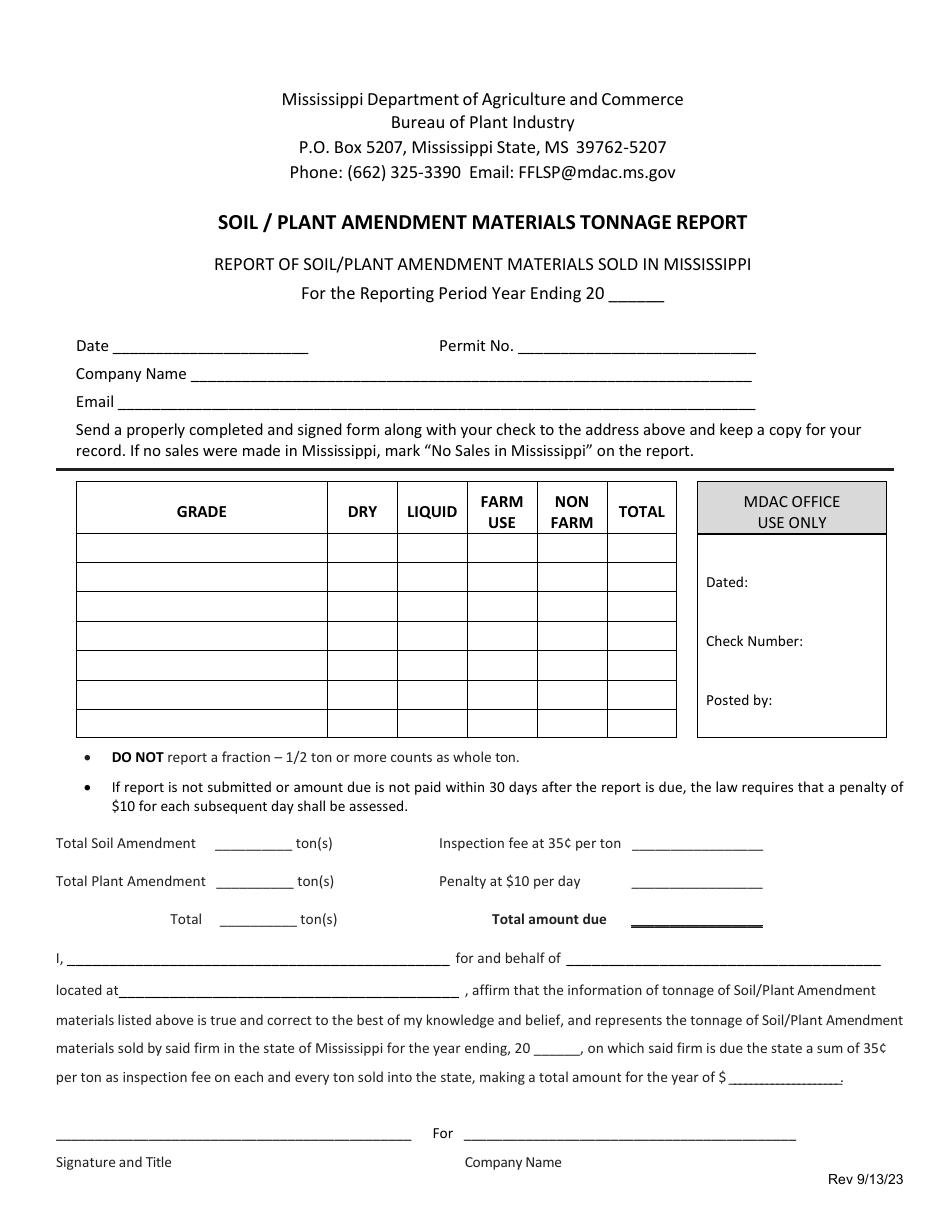 Soil / Plant Amendment Materials Tonnage Report - Mississippi, Page 1