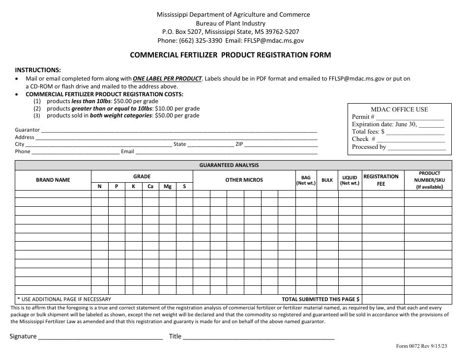 Form 0072 Commercial Fertilizer Product Registration Form - Mississippi, Page 1
