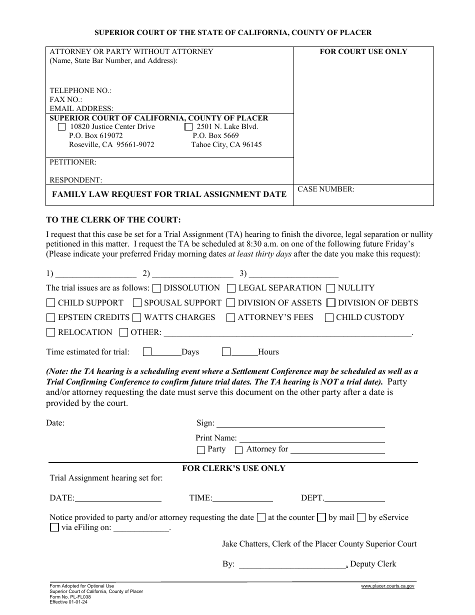 Form PL-FL038 Attachment 1 Family Law Request for Trial Assignment Date - County of Placer, California, Page 3