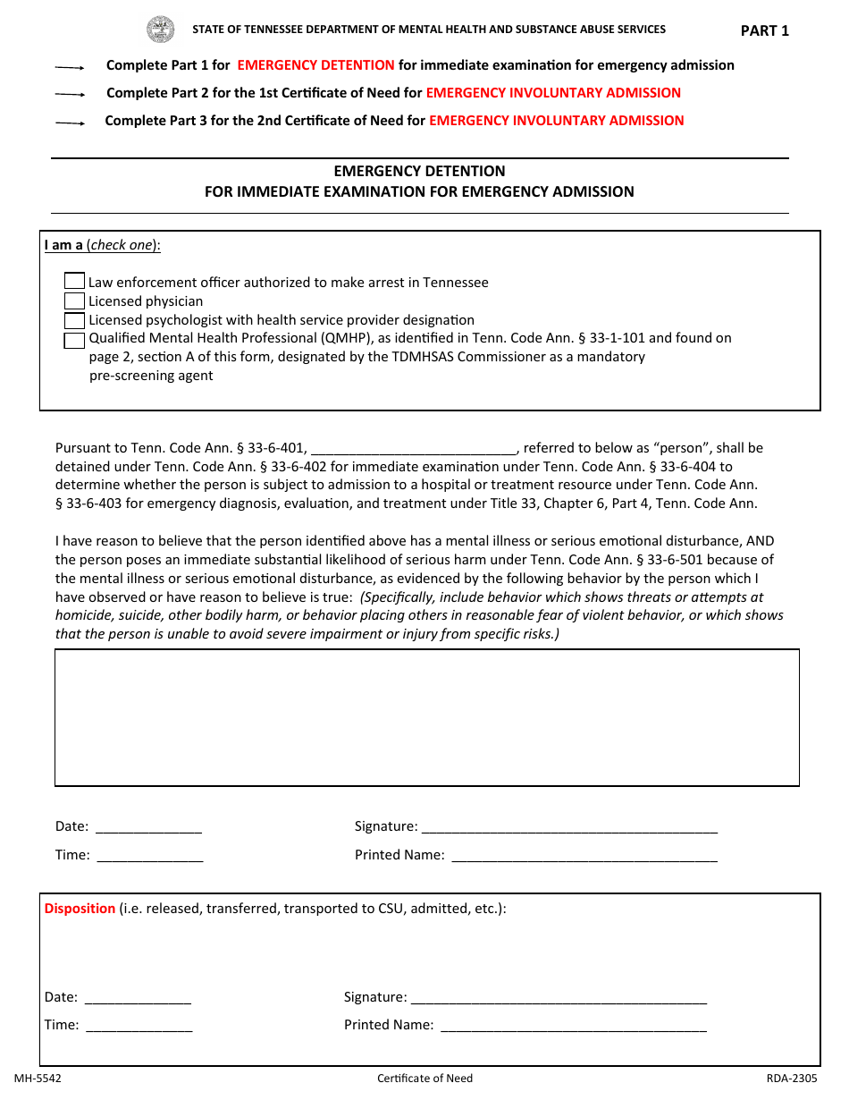Form MH-5542 Certificate of Need for Emergency Admission Under Title 33, Chapter 6, Part 4, Tennessee Code Annotated - Tennessee, Page 1