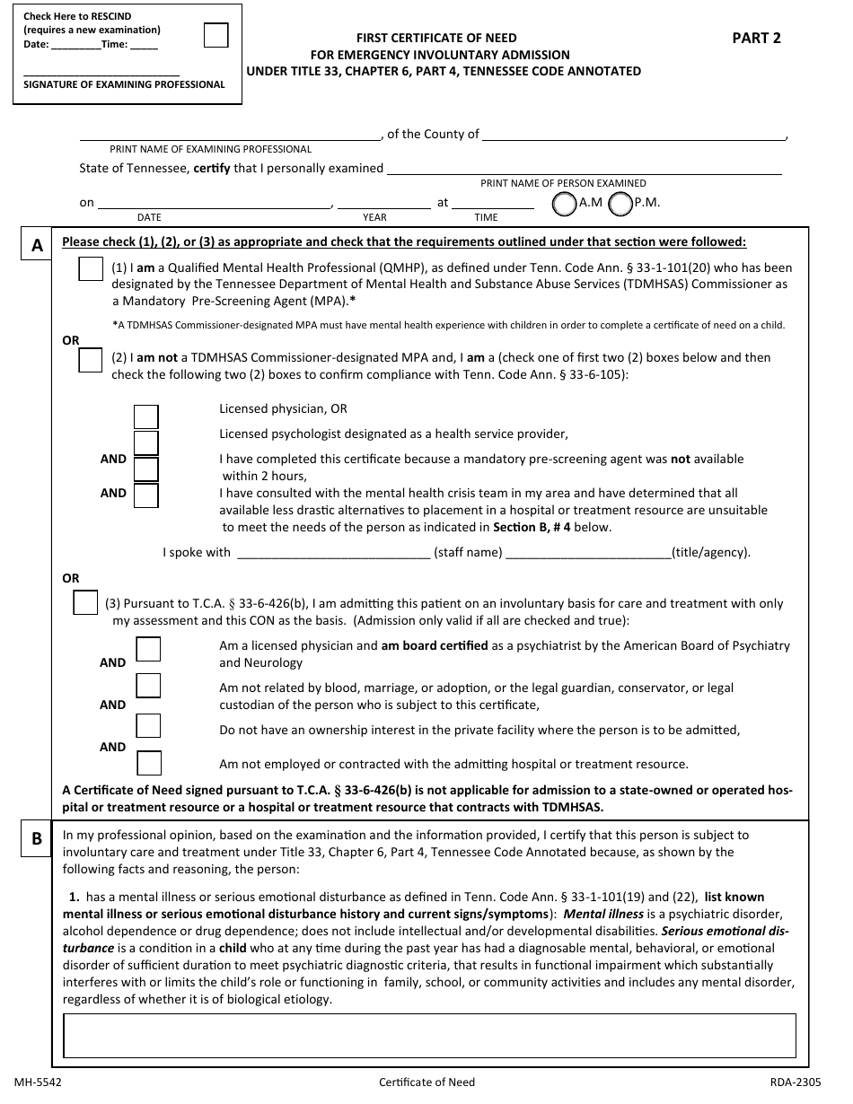 Form MH-5542 Certificate of Need for Emergency Admission Under Title 33, Chapter 6, Part 4, Tennessee Code Annotated - Tennessee, Page 3