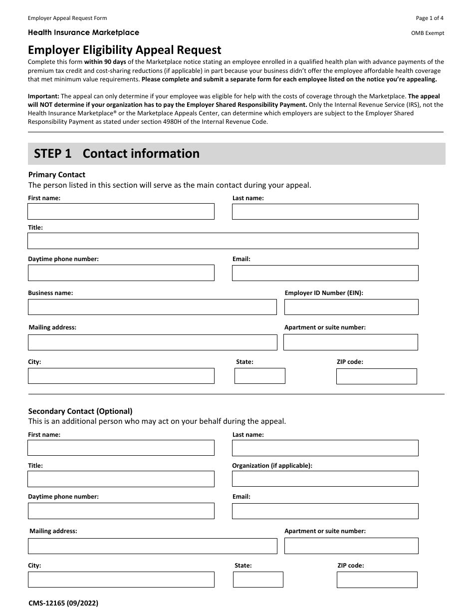 Form CMS-12165 Employer Eligibility Appeal Request, Page 1