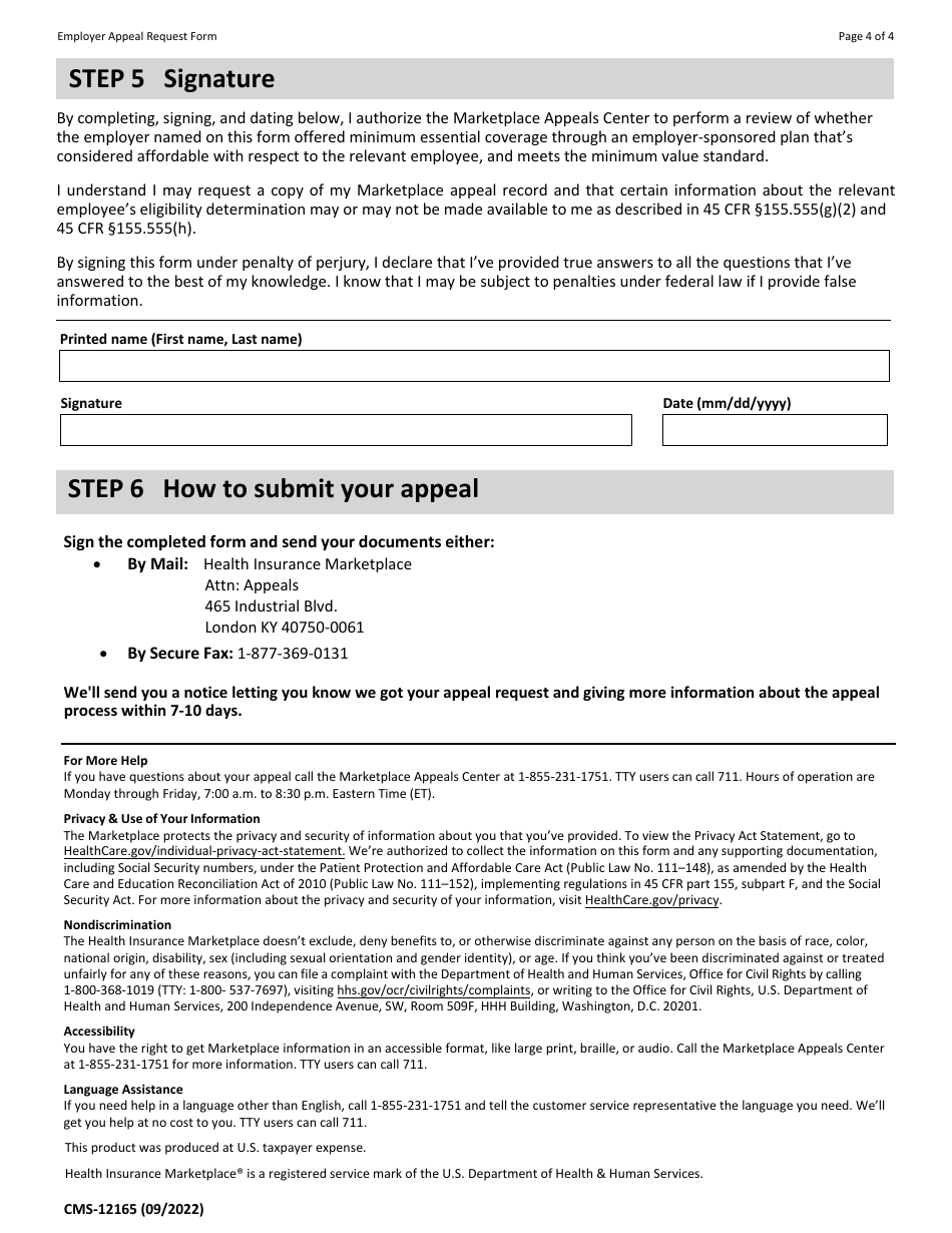 Form CMS-12165 Employer Eligibility Appeal Request, Page 4