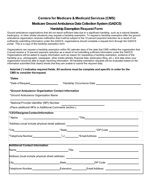 Hardship Exemption Request Form - Medicare Ground Ambulance Data Collection System (Gadcs) Download Pdf