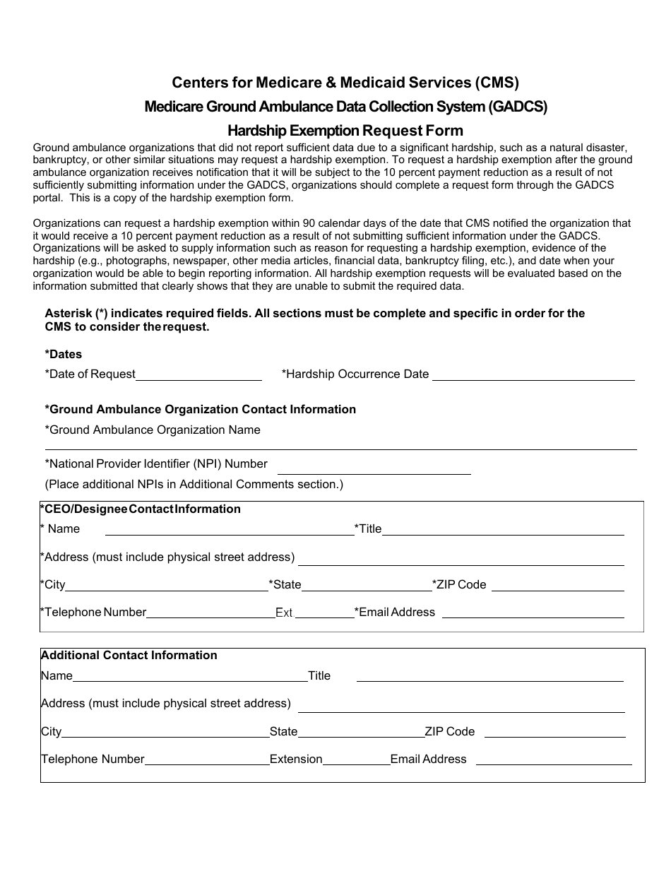 Hardship Exemption Request Form - Medicare Ground Ambulance Data Collection System (Gadcs), Page 1