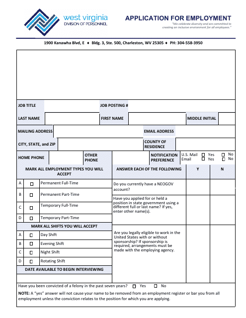 Application for Employment - West Virginia