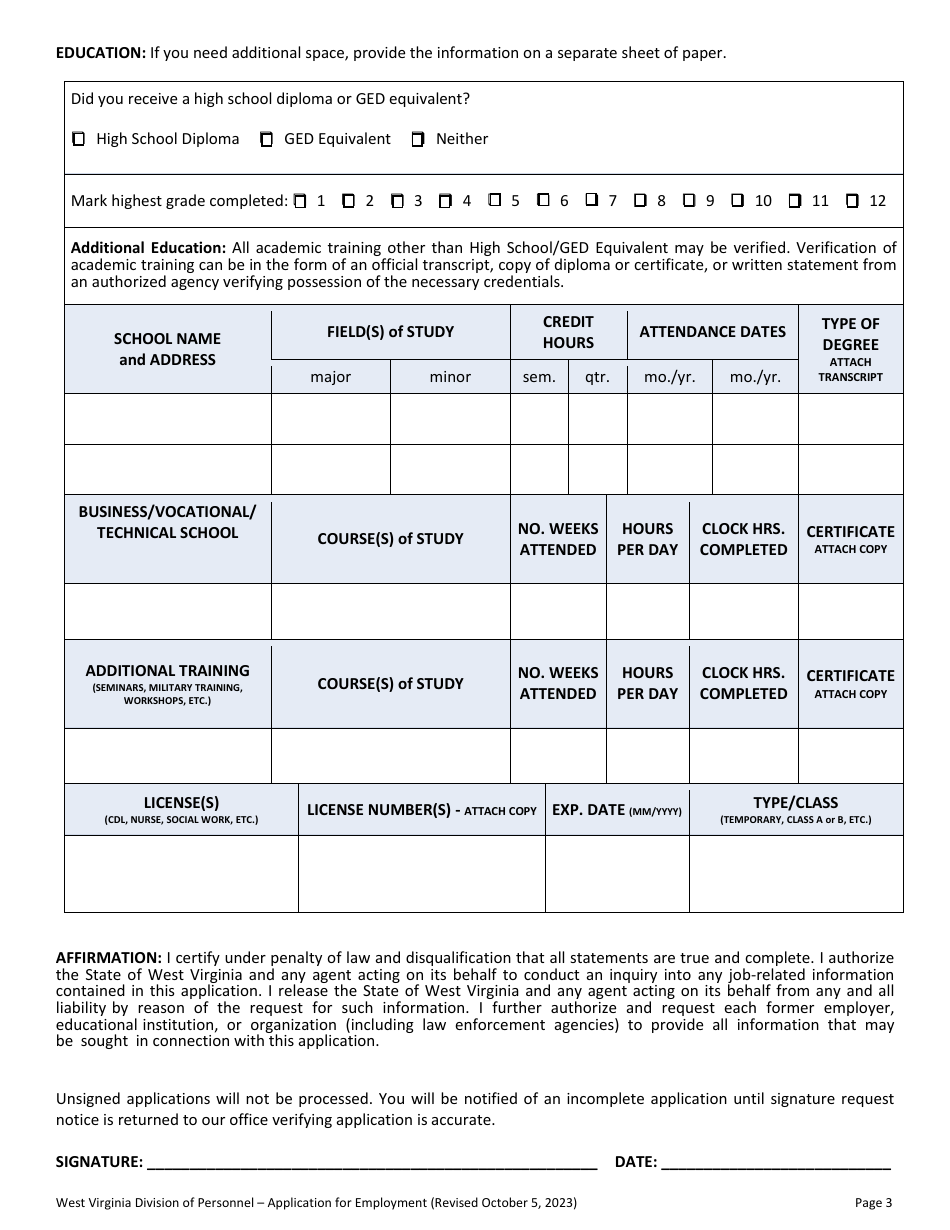 Application for Employment - West Virginia, Page 3