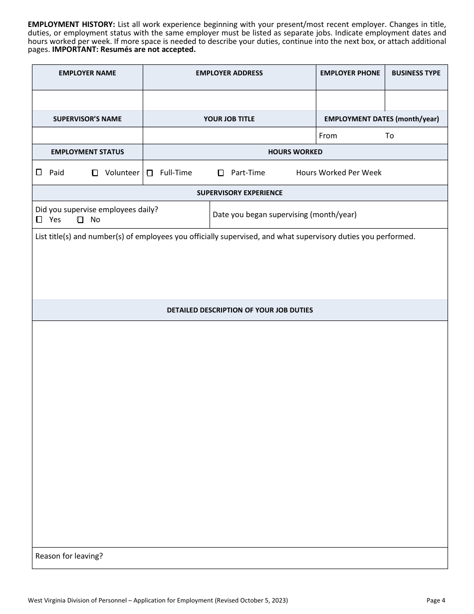 Application for Employment - West Virginia, Page 4