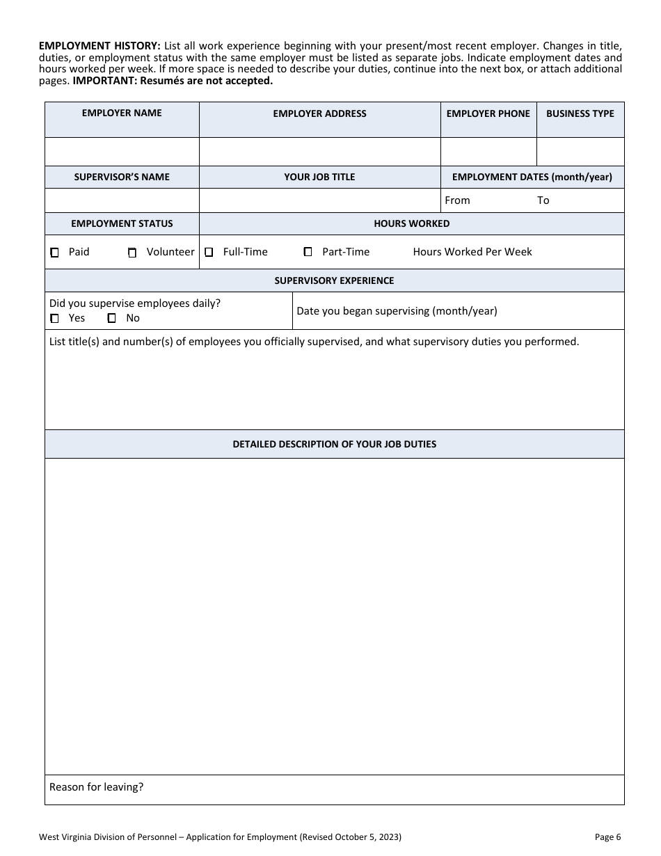 Application for Employment - West Virginia, Page 6