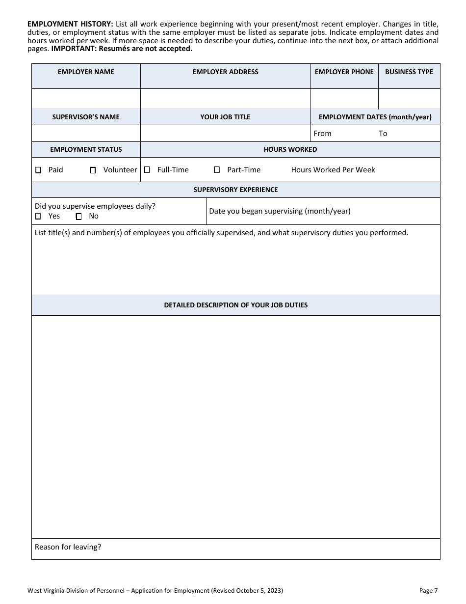 Application for Employment - West Virginia, Page 7