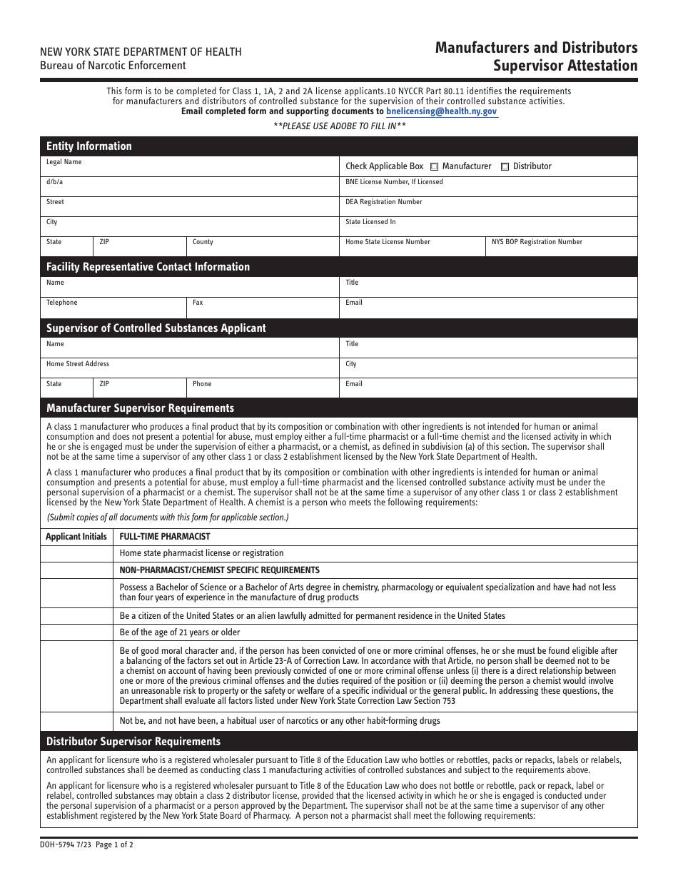Form DOH-5794 Manufacturers and Distributors Supervisor Attestation - New York, Page 1