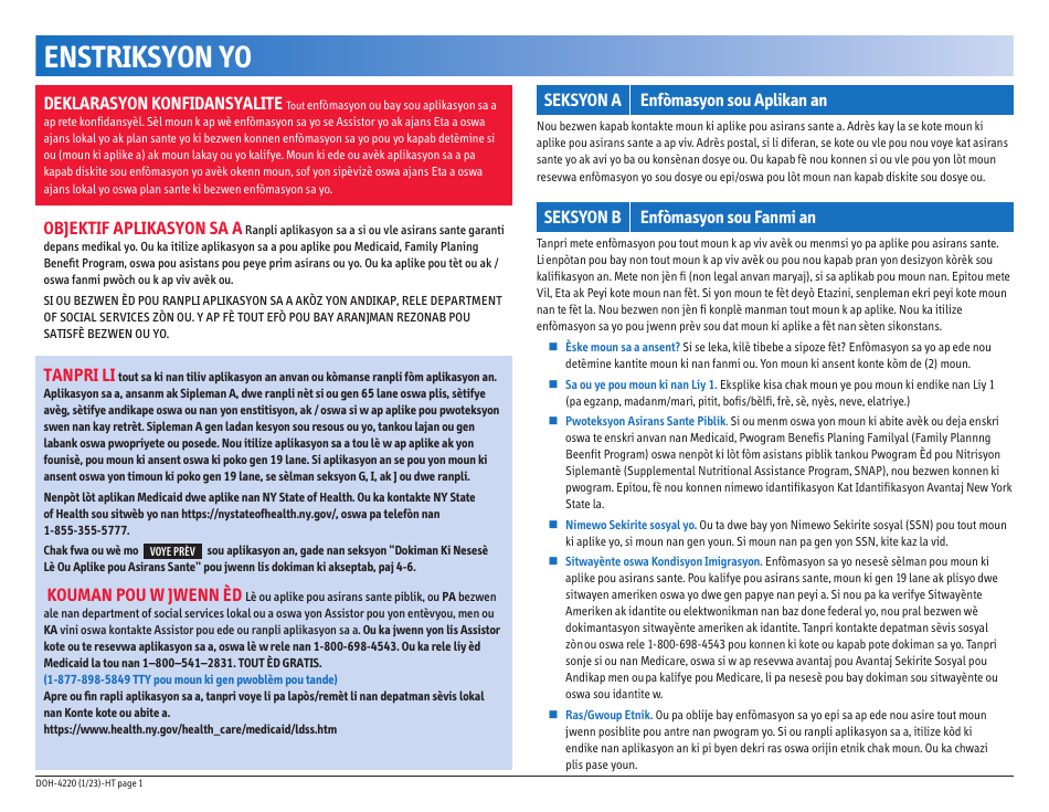 Form DOH-4220 Medicaid Application for Non-magi Eligibility Group - New York (Haitian Creole), Page 3