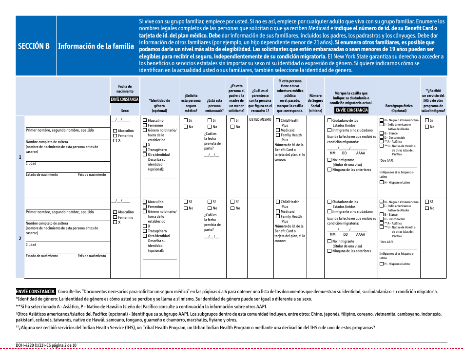 Formulario DOH-4220 Solicitud De Seguro Medico Para Adultos Mayores, Personas Con Discapacidades Y Otros Grupos Determinados - New York (Spanish), Page 10