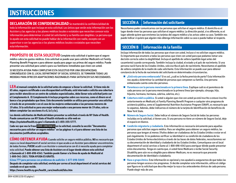 Formulario DOH-4220 Solicitud De Seguro Medico Para Adultos Mayores, Personas Con Discapacidades Y Otros Grupos Determinados - New York (Spanish), Page 3