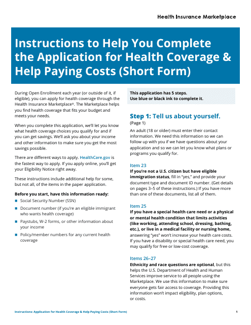 Instructions for Application for Health Coverage & Help Paying Costs (Short Form) Download Pdf