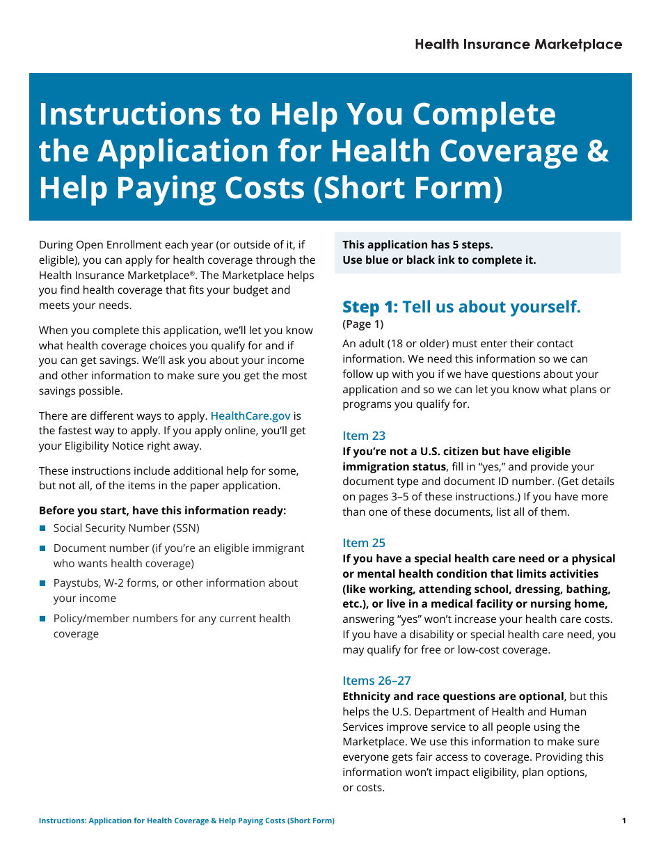 Instructions for Application for Health Coverage  Help Paying Costs (Short Form), Page 1