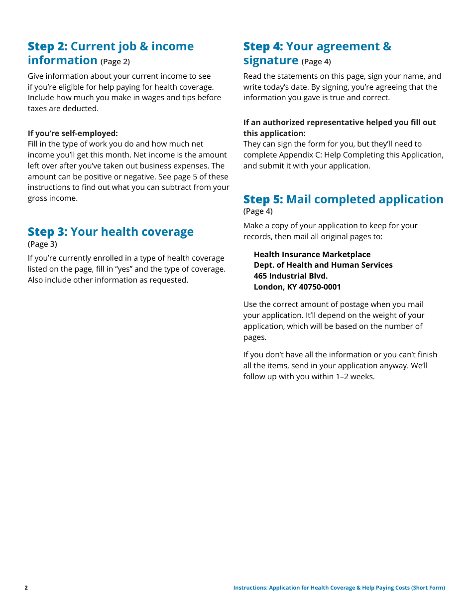 Instructions for Application for Health Coverage  Help Paying Costs (Short Form), Page 2