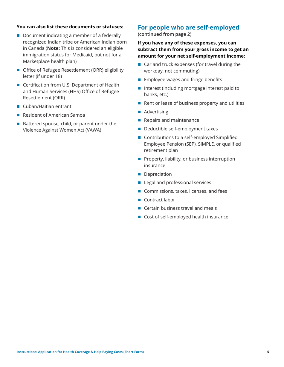 Instructions for Application for Health Coverage  Help Paying Costs (Short Form), Page 5