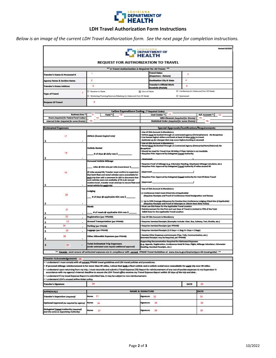 Instructions for Request for Authorization to Travel - Louisiana, Page 2