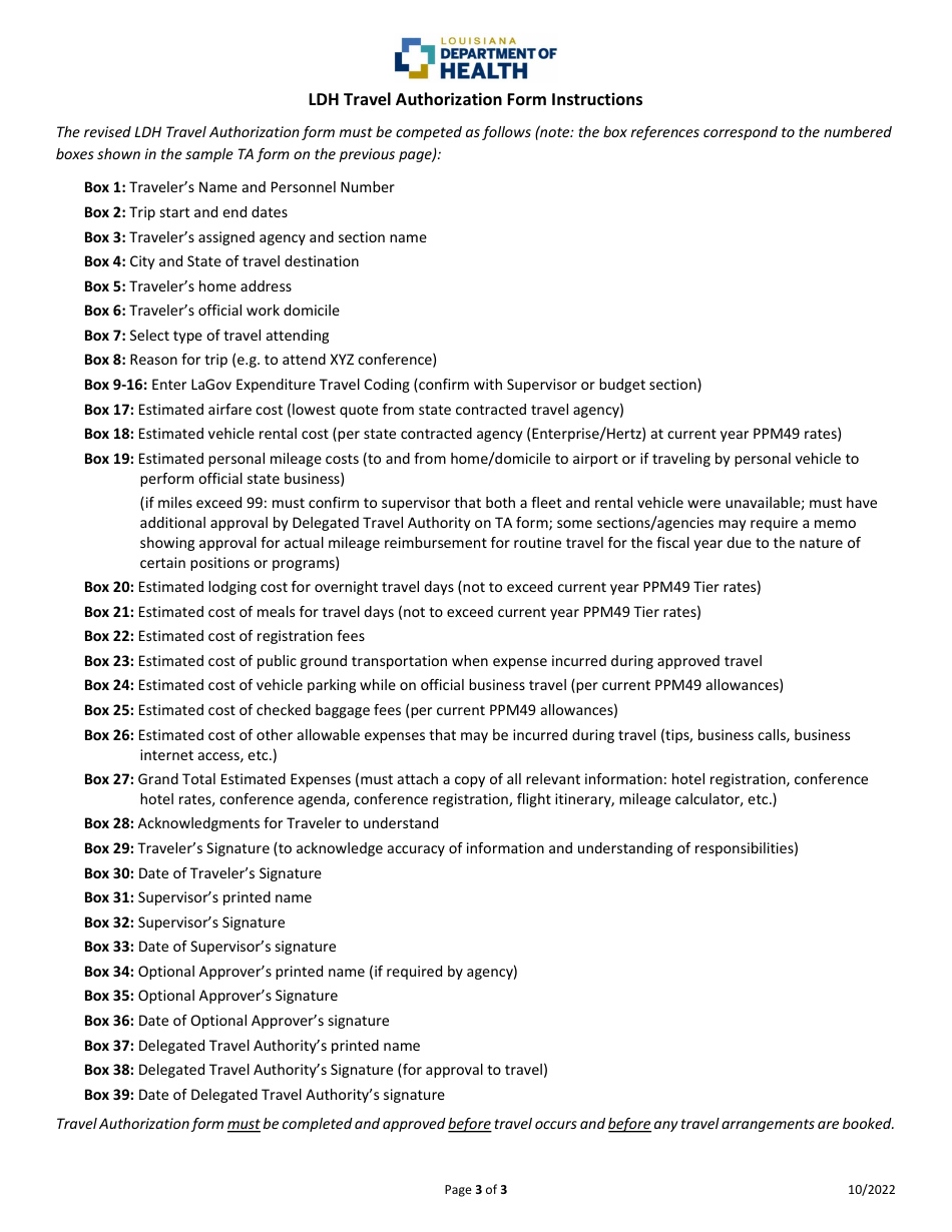 Instructions for Request for Authorization to Travel - Louisiana, Page 3