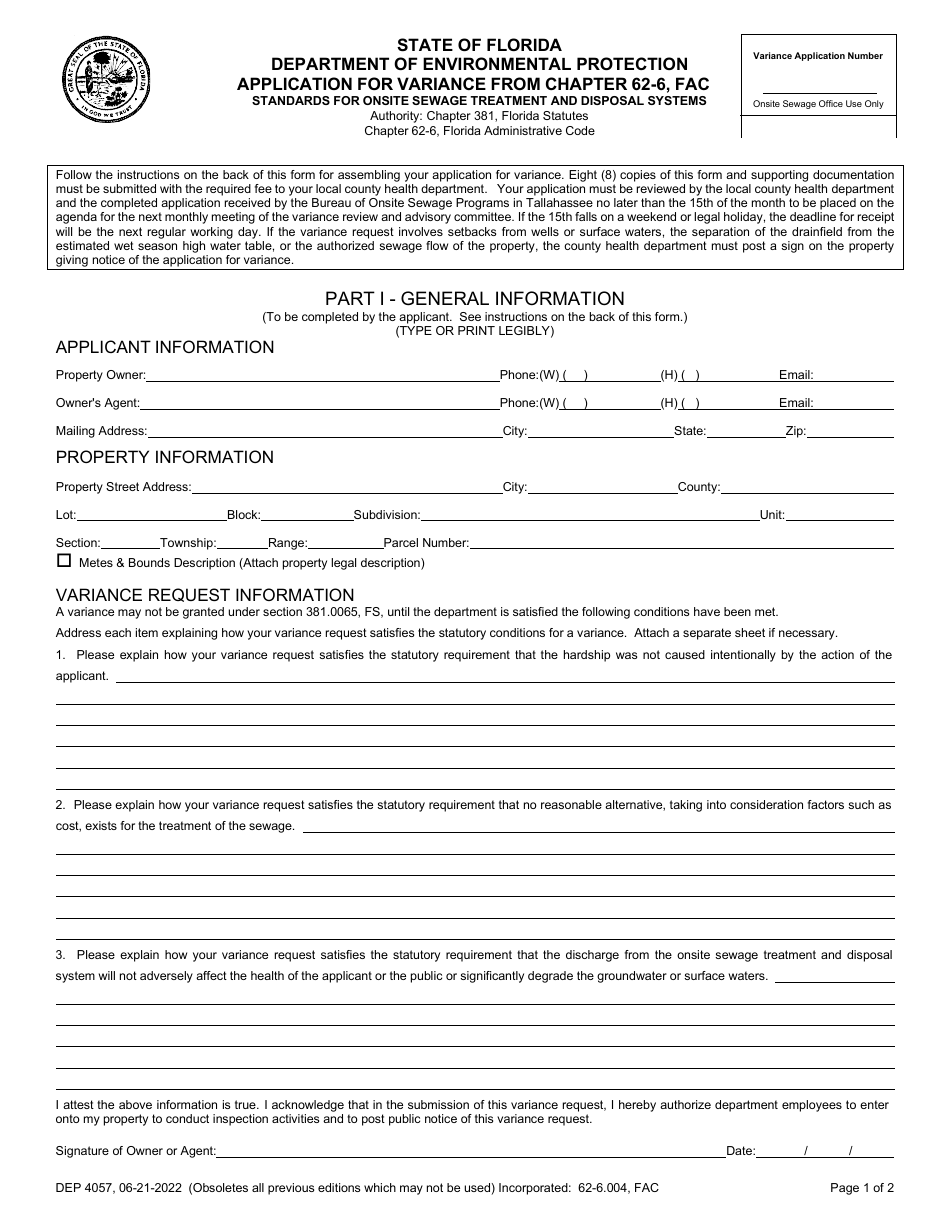 Form DEP4057 Application for Variance From Chapter 62-6, Fac - Florida, Page 1