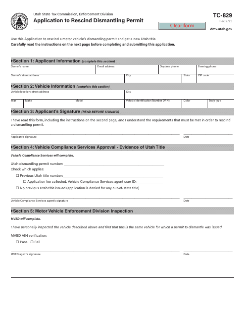 Form TC-829 Application to Rescind Dismantling Permit - Utah