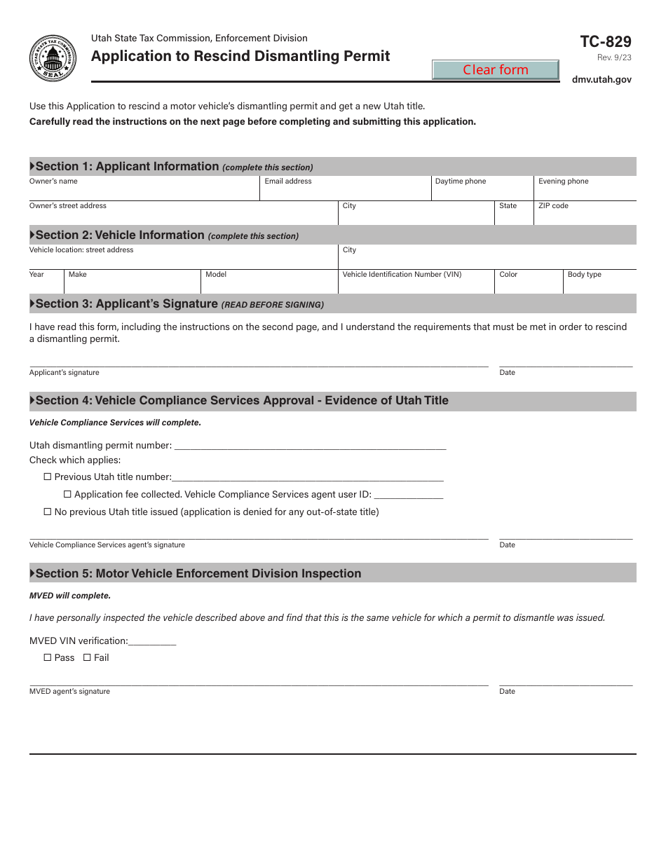 Form TC-829 Application to Rescind Dismantling Permit - Utah, Page 1