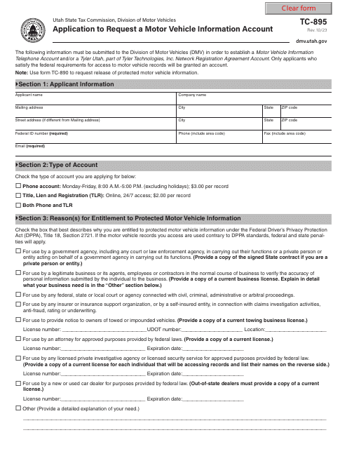 Form TC-895 Application to Request a Motor Vehicle Account - Utah