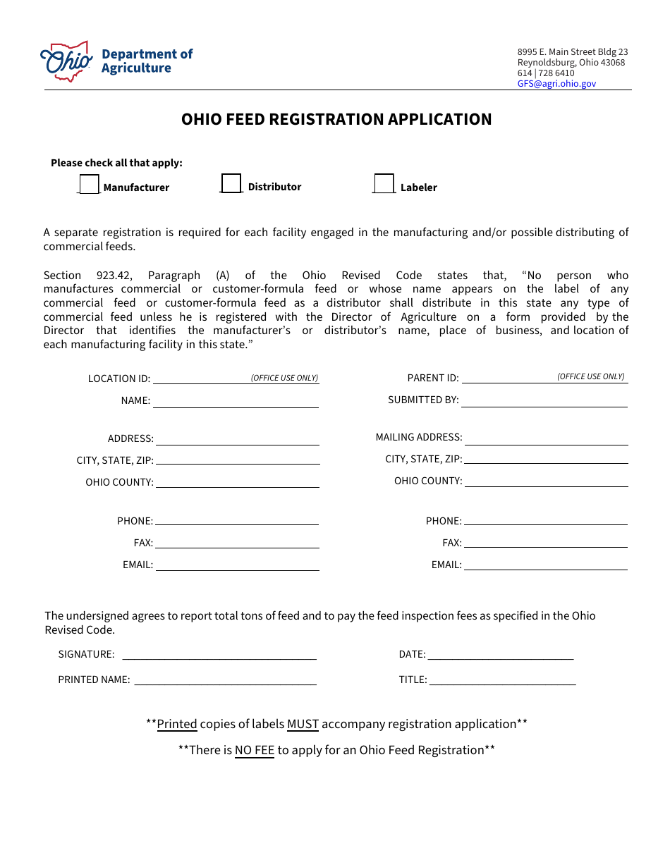 Ohio Ohio Feed Registration Application Download Fillable PDF