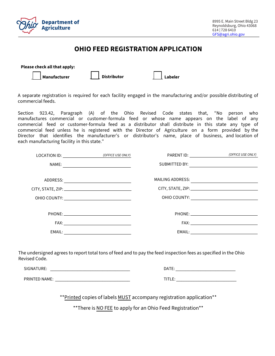 Ohio Feed Registration Application - Ohio, Page 1