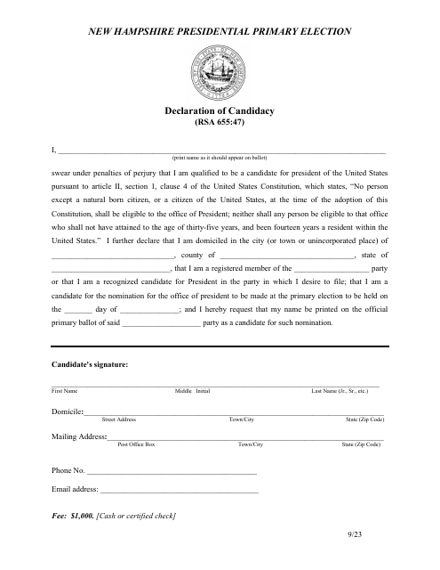 Declaration of Candidacy - New Hampshire