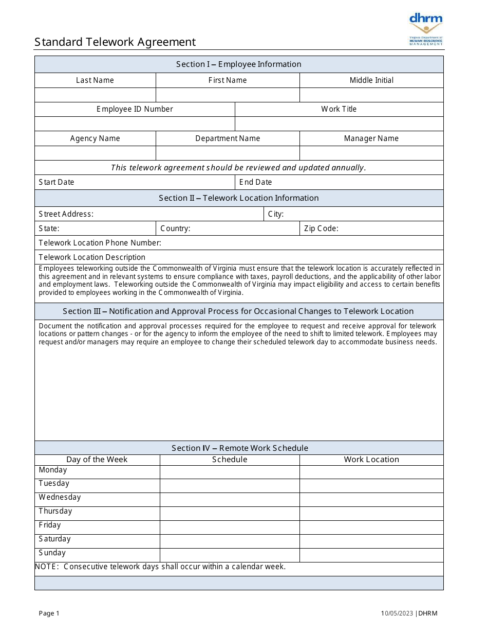 Standard Telework Agreement - Virginia, Page 1