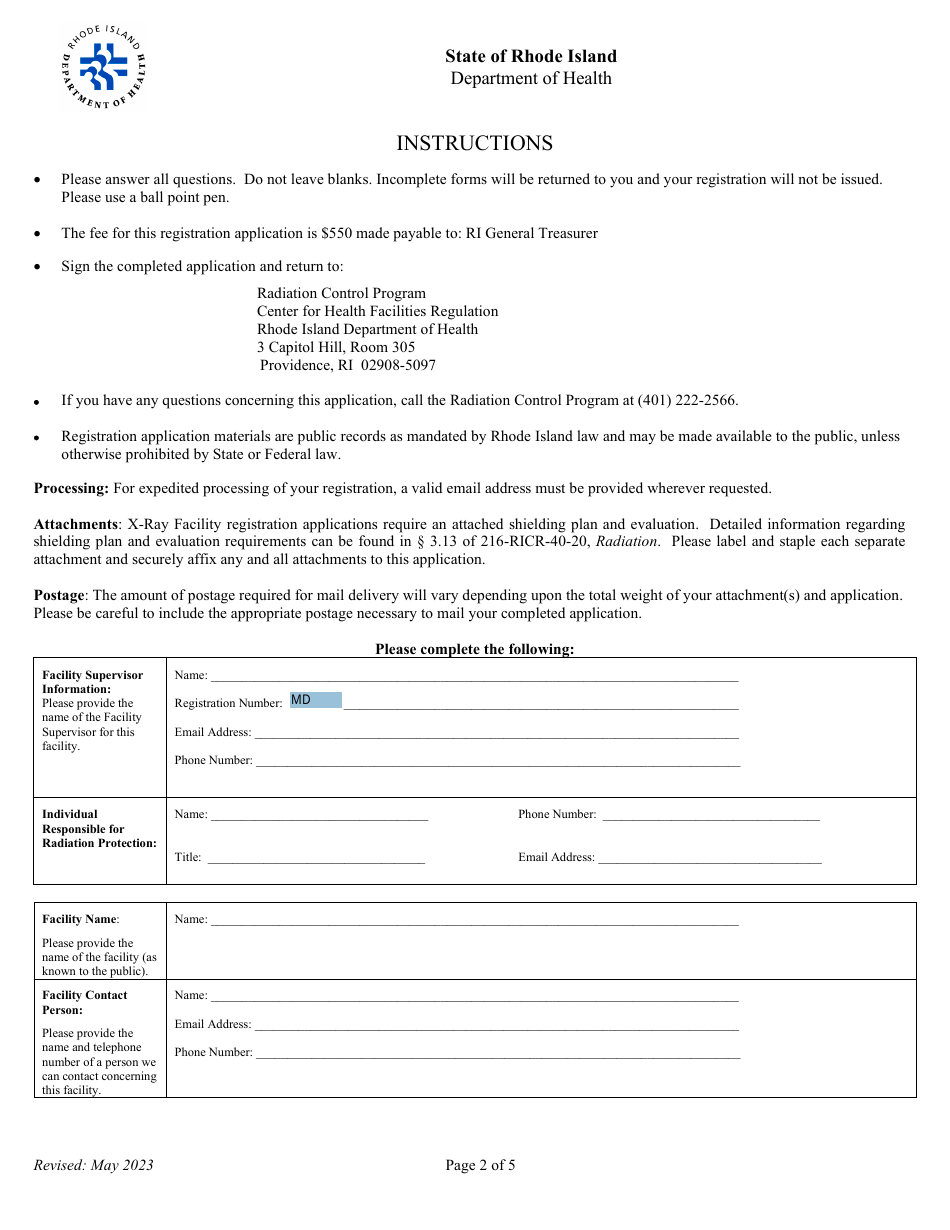 Application for Registration for Srm Diagnostic X-Ray Equipment Facility - Rhode Island, Page 2