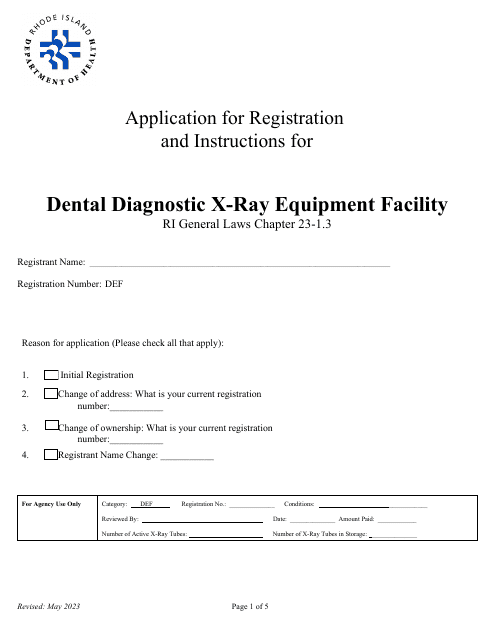 Application for Registration for Dental Diagnostic X-Ray Equipment Facility - Rhode Island Download Pdf