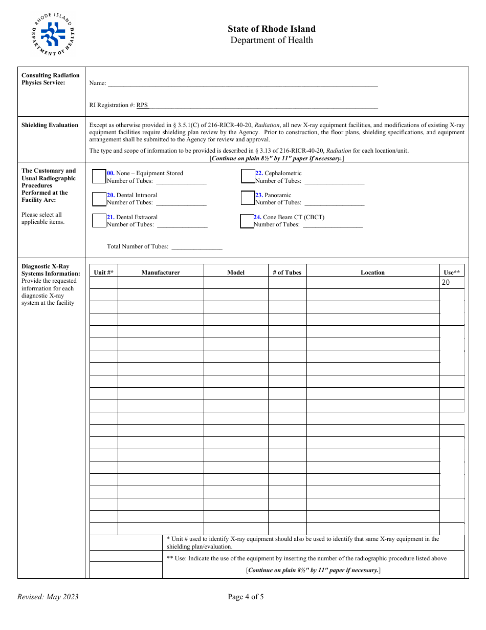Application for Registration for Dental Diagnostic X-Ray Equipment Facility - Rhode Island, Page 4