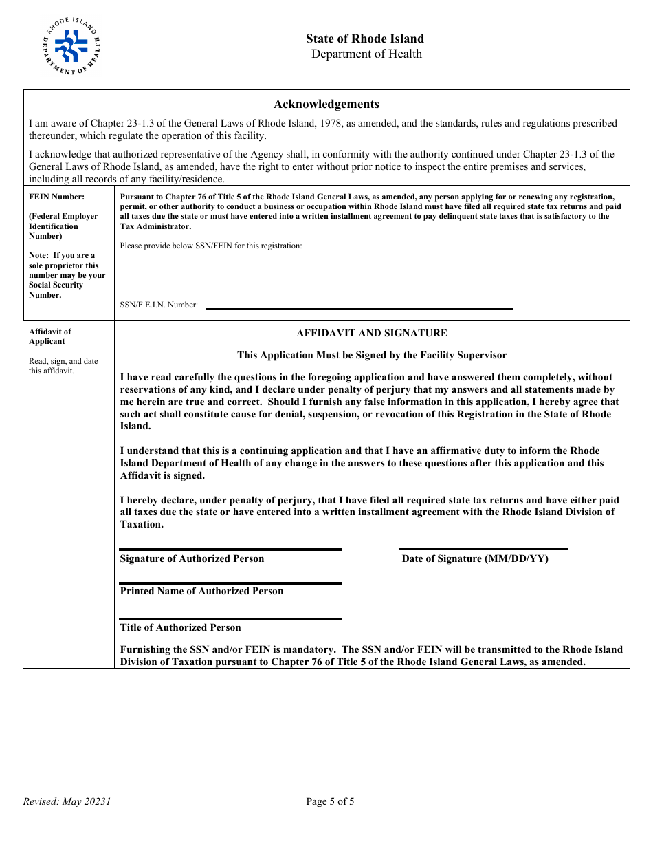 Application for Registration for Dental Diagnostic X-Ray Equipment Facility - Rhode Island, Page 5