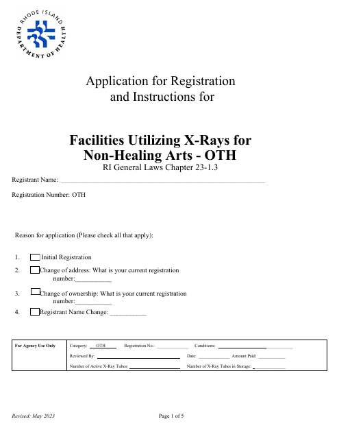 Application for Registration for Facilities Utilizing X-Rays for Non-healing Arts - Oth - Rhode Island Download Pdf