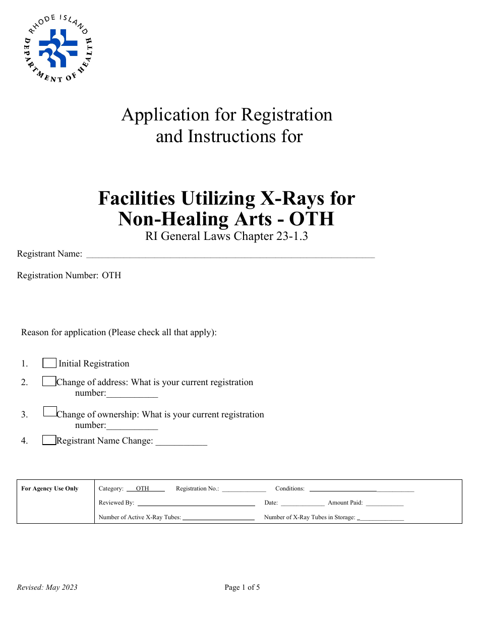 Application for Registration for Facilities Utilizing X-Rays for Non-healing Arts - Oth - Rhode Island, Page 1