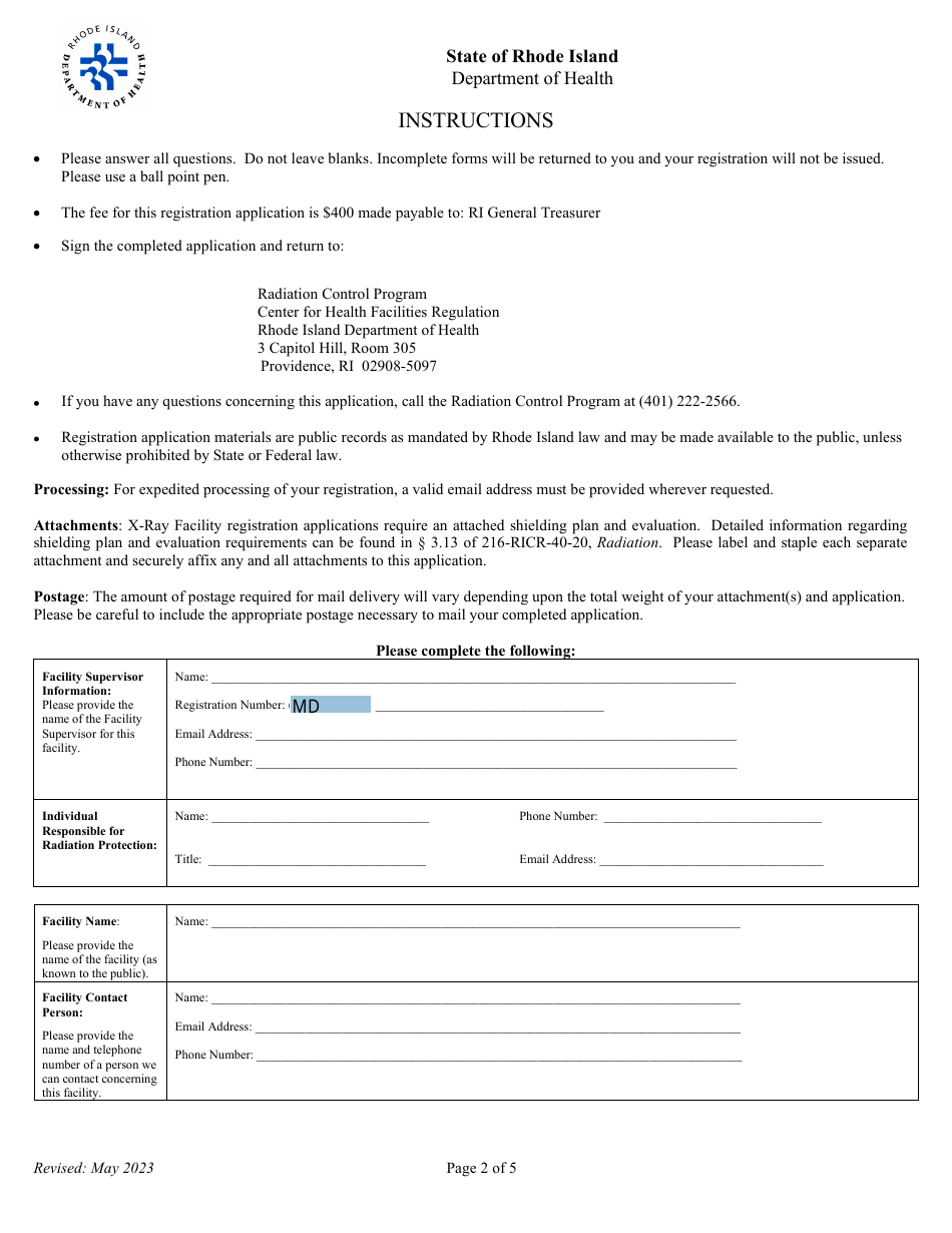 Application for Registration for Facilities Utilizing X-Rays for Non-healing Arts - Oth - Rhode Island, Page 2
