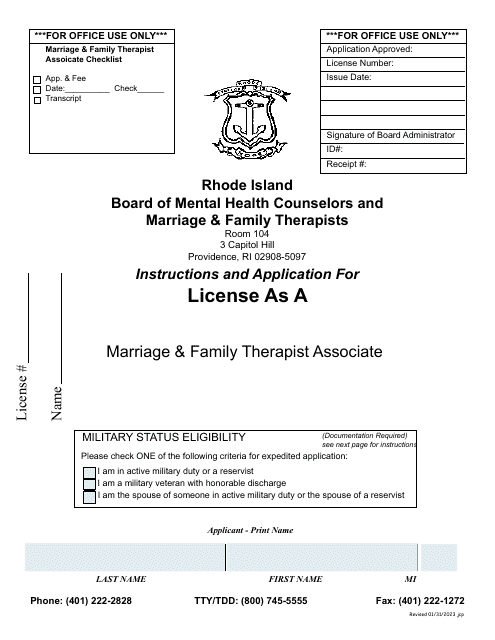 Application for License as a Marriage & Family Therapist Associate - Rhode Island Download Pdf