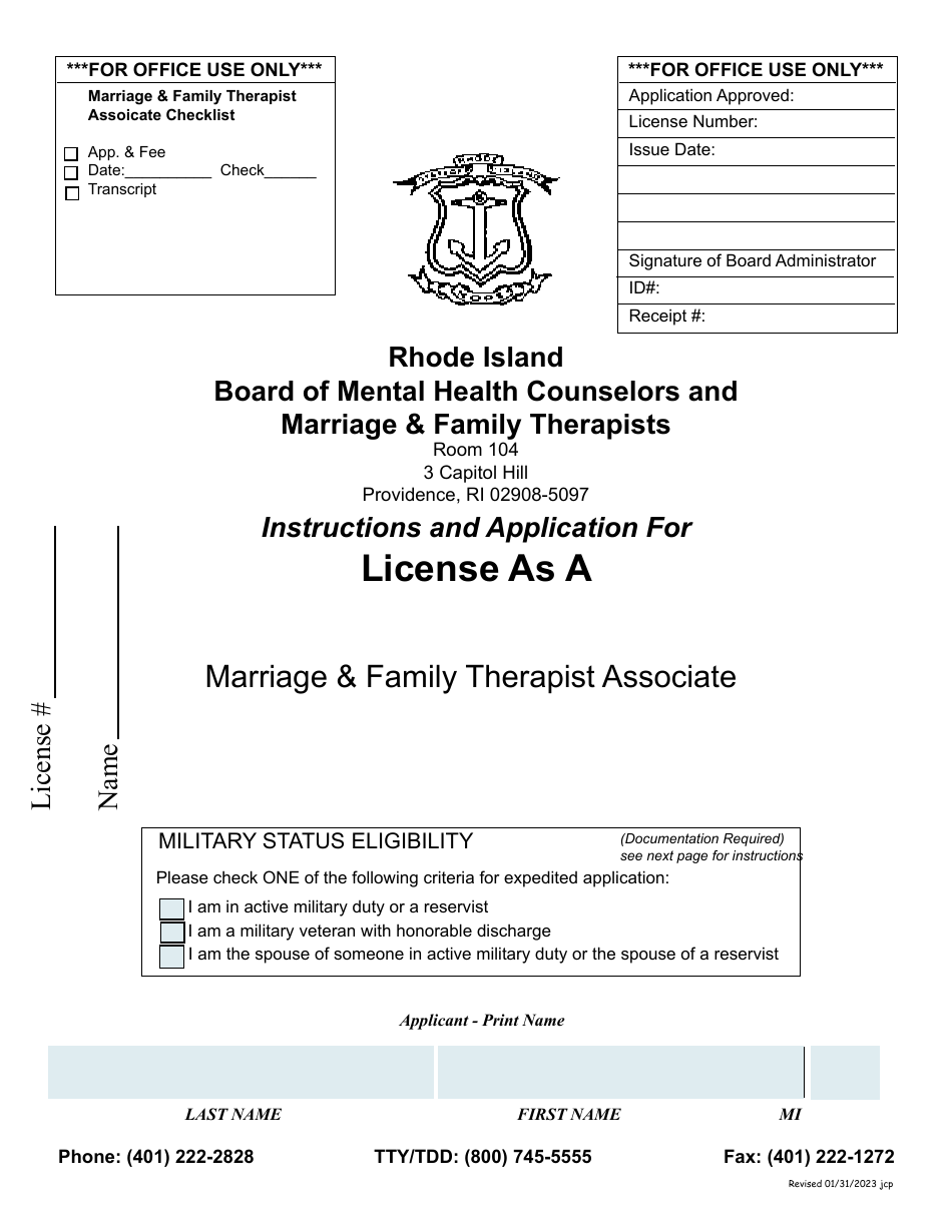Application for License as a Marriage  Family Therapist Associate - Rhode Island, Page 1