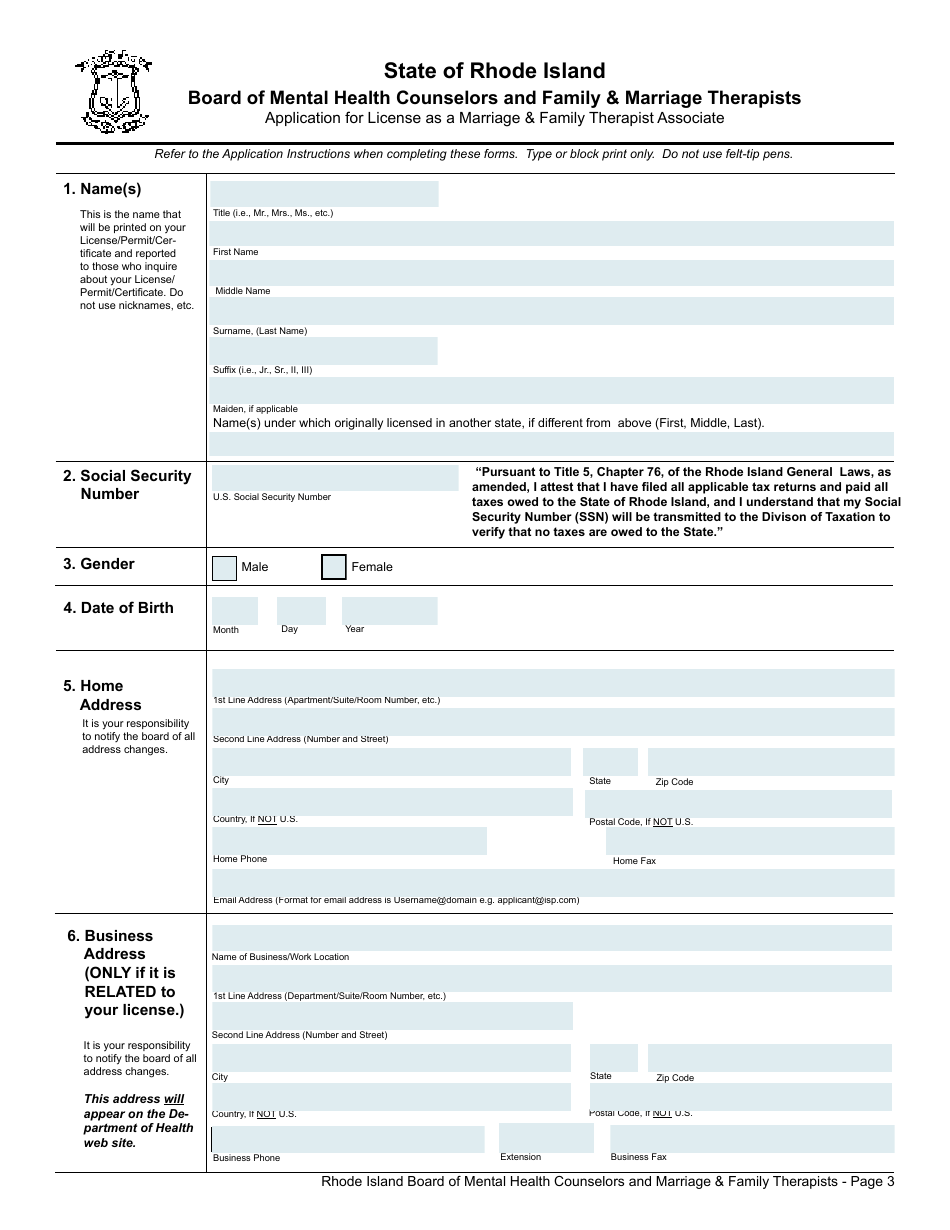 Application for License as a Marriage  Family Therapist Associate - Rhode Island, Page 3