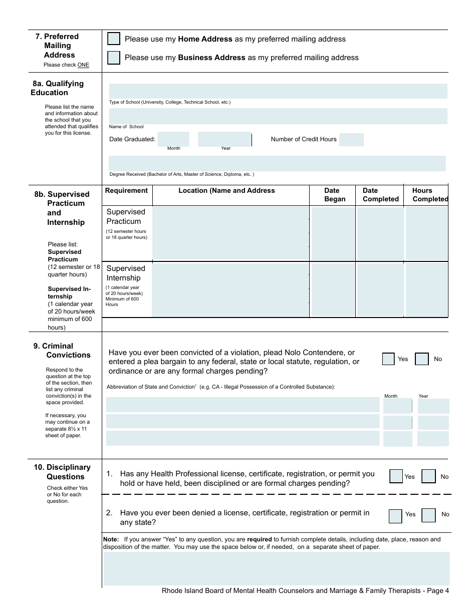 Application for License as a Marriage  Family Therapist Associate - Rhode Island, Page 4