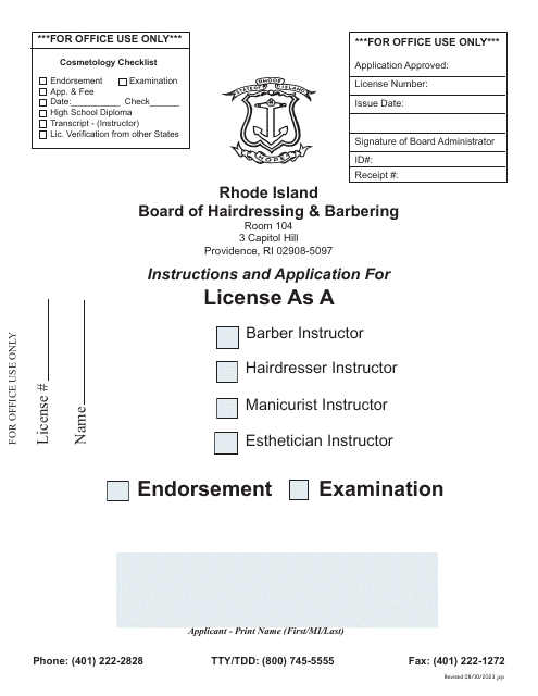 Application for License as a Barber Instructor / Hairdresser Instructor / Manicurist Instructor / Esthetician Instructor - Rhode Island Download Pdf