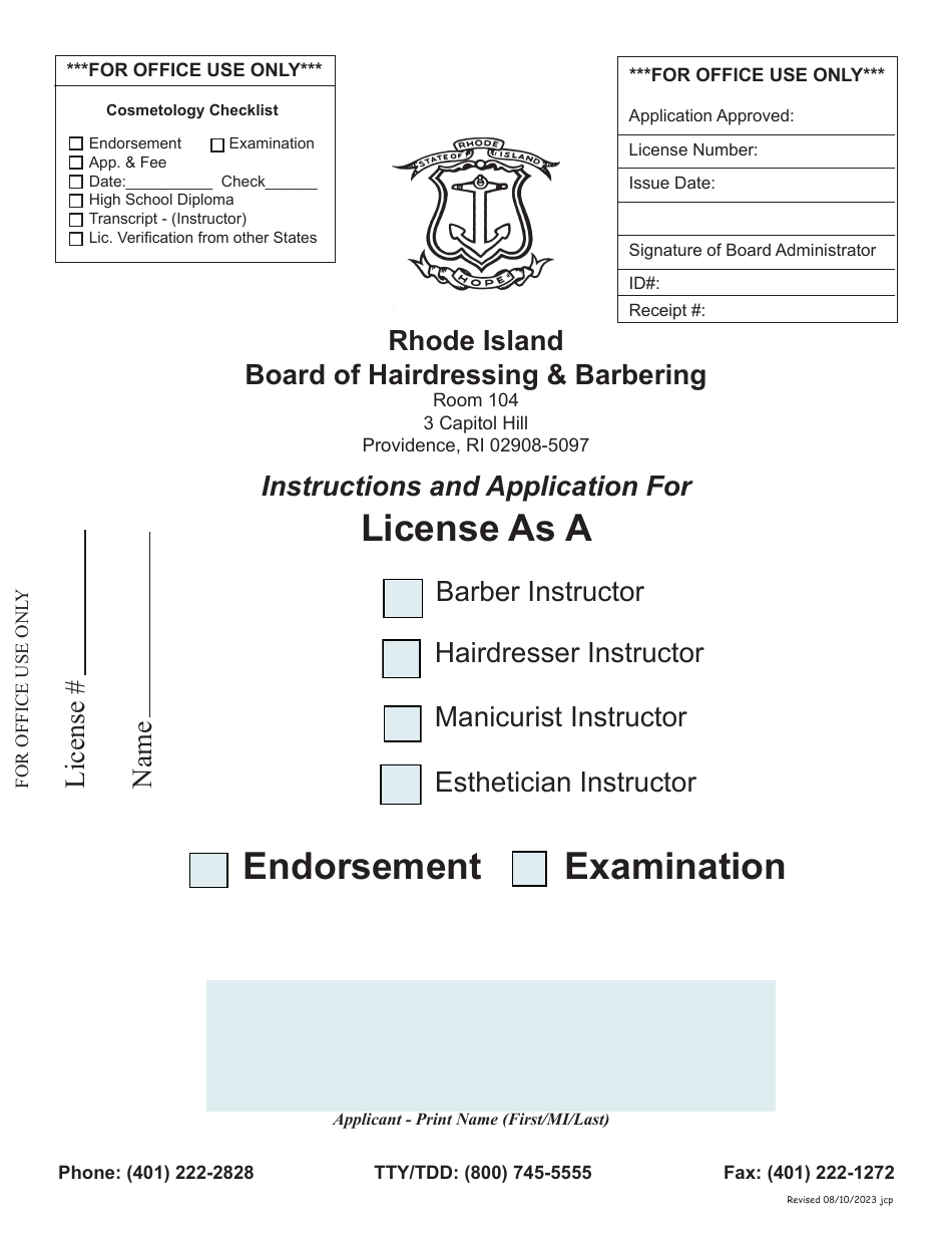 Application for License as a Barber Instructor / Hairdresser Instructor / Manicurist Instructor / Esthetician Instructor - Rhode Island, Page 1