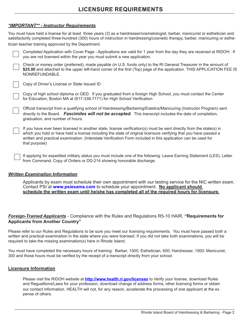 Application for License as a Barber Instructor / Hairdresser Instructor / Manicurist Instructor / Esthetician Instructor - Rhode Island, Page 2