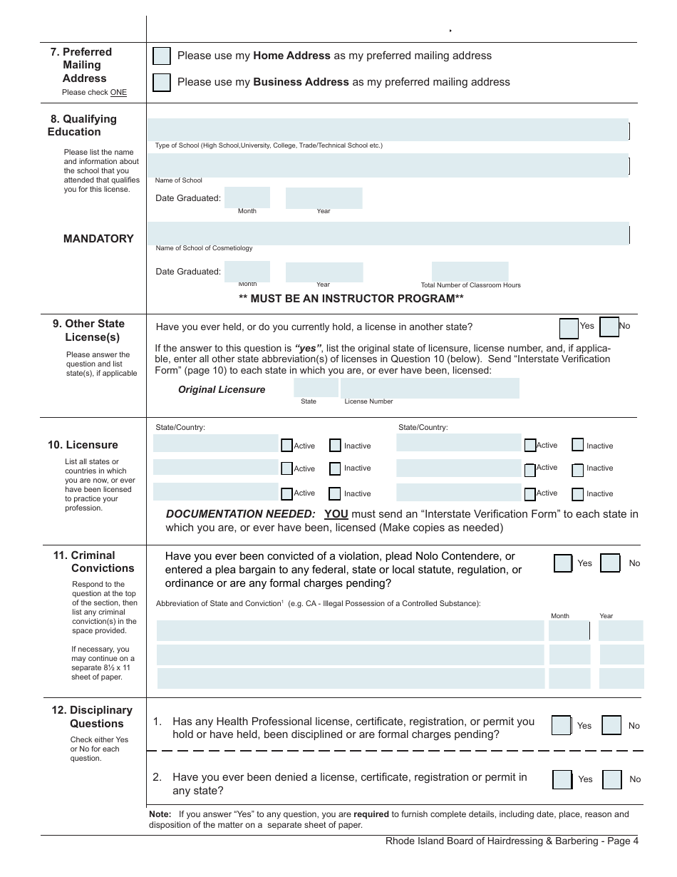 Application for License as a Barber Instructor / Hairdresser Instructor / Manicurist Instructor / Esthetician Instructor - Rhode Island, Page 4