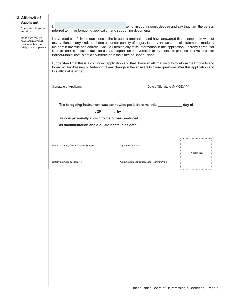 Application for License as a Barber Instructor / Hairdresser Instructor / Manicurist Instructor / Esthetician Instructor - Rhode Island, Page 5